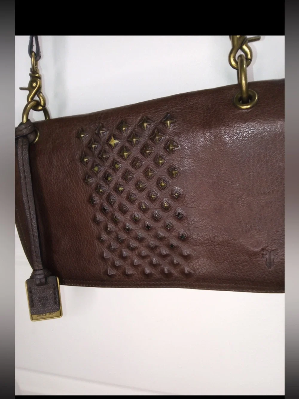 Frye Brown Leather Studded Crossbody Bag Boho Western Distressed Purse